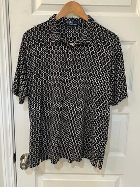 VTG 90s Polo Ralph Lauren Geometric All Over Print Polo Shirt Black White Mens L